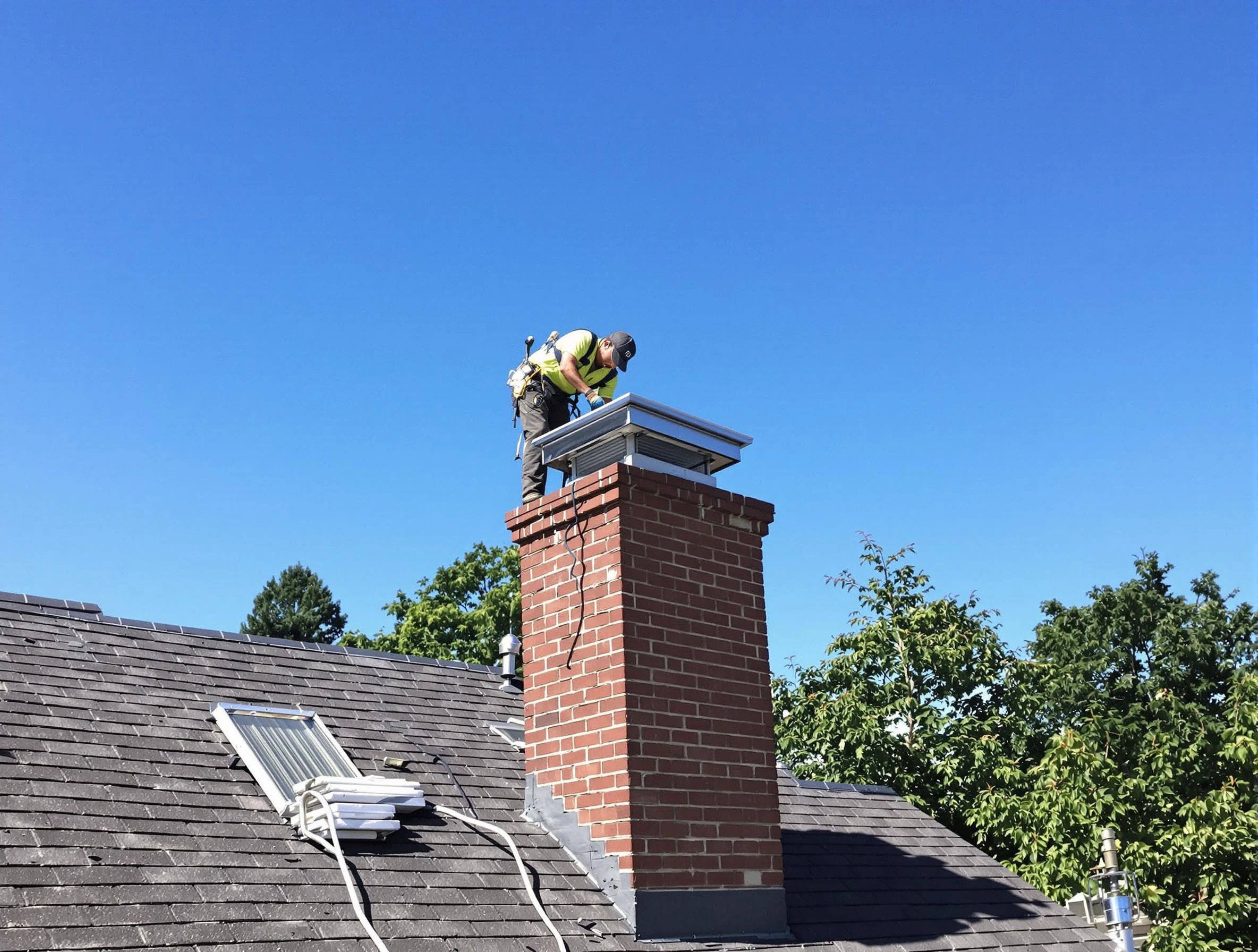 Englewood Chimney Sweep technician measuring a chimney cap in Englewood, CO